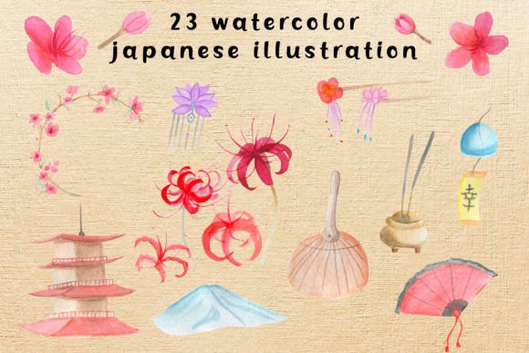 Watercolor Japan Clipart: Flower & Jewelry