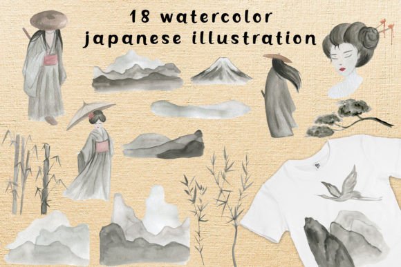 Watercolor Japanese Clipart: Mountain & More
